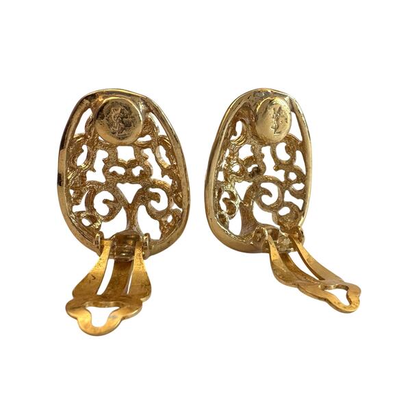 Yves Saint Laurent Logo Arabesque Pattern Gold Plate Engraved Earrings - Clip On - Picture 9 of 10